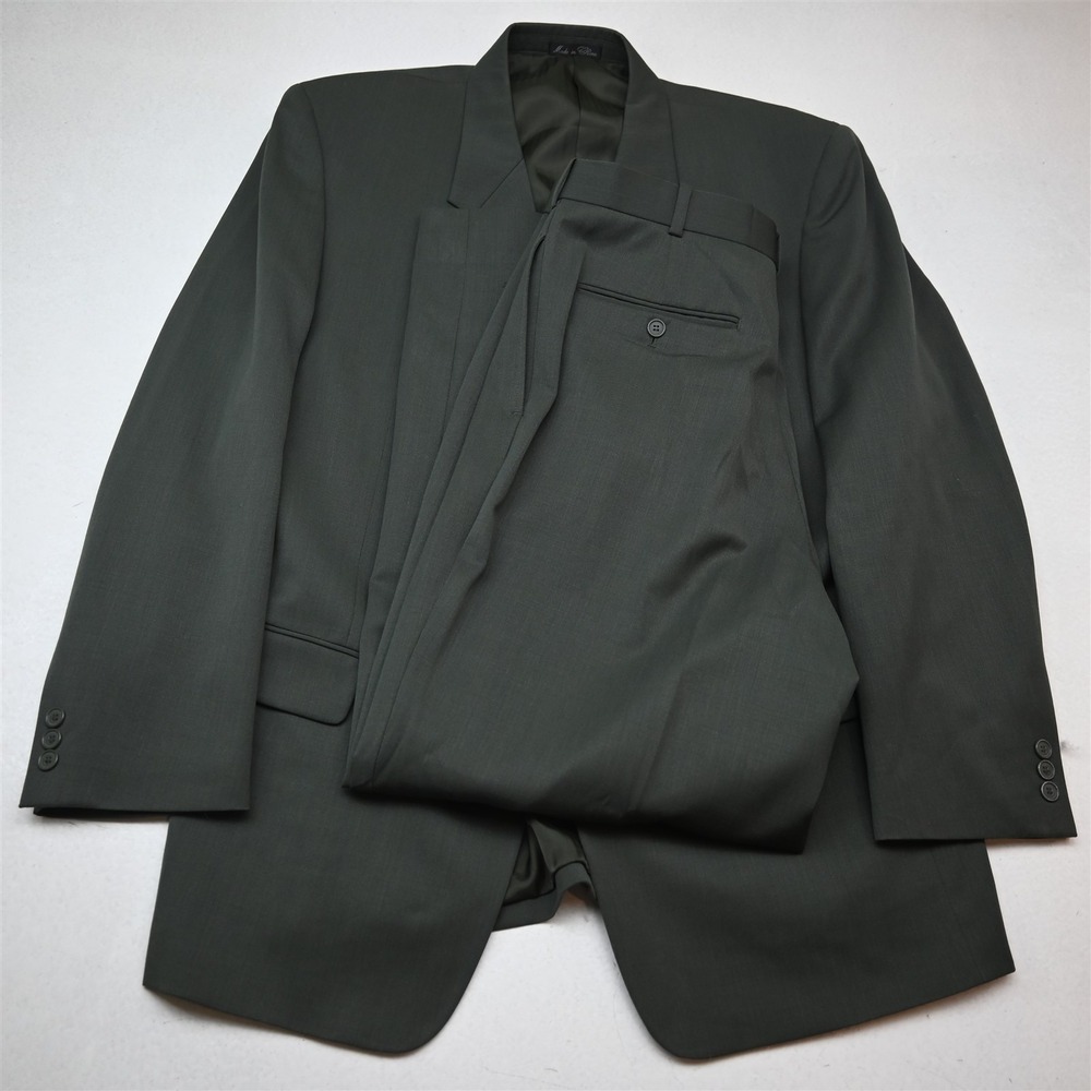 Vtg Y2K 2000s Boxy 44R 33x32 Green Super 100s Wool Mens Jacket Pants Suit